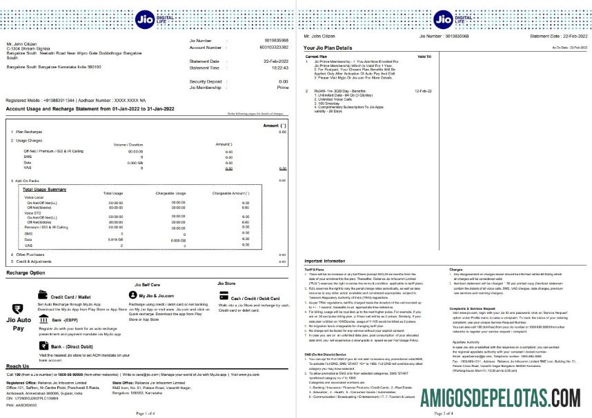 India Jio Bank Statement 4 Pages amostra